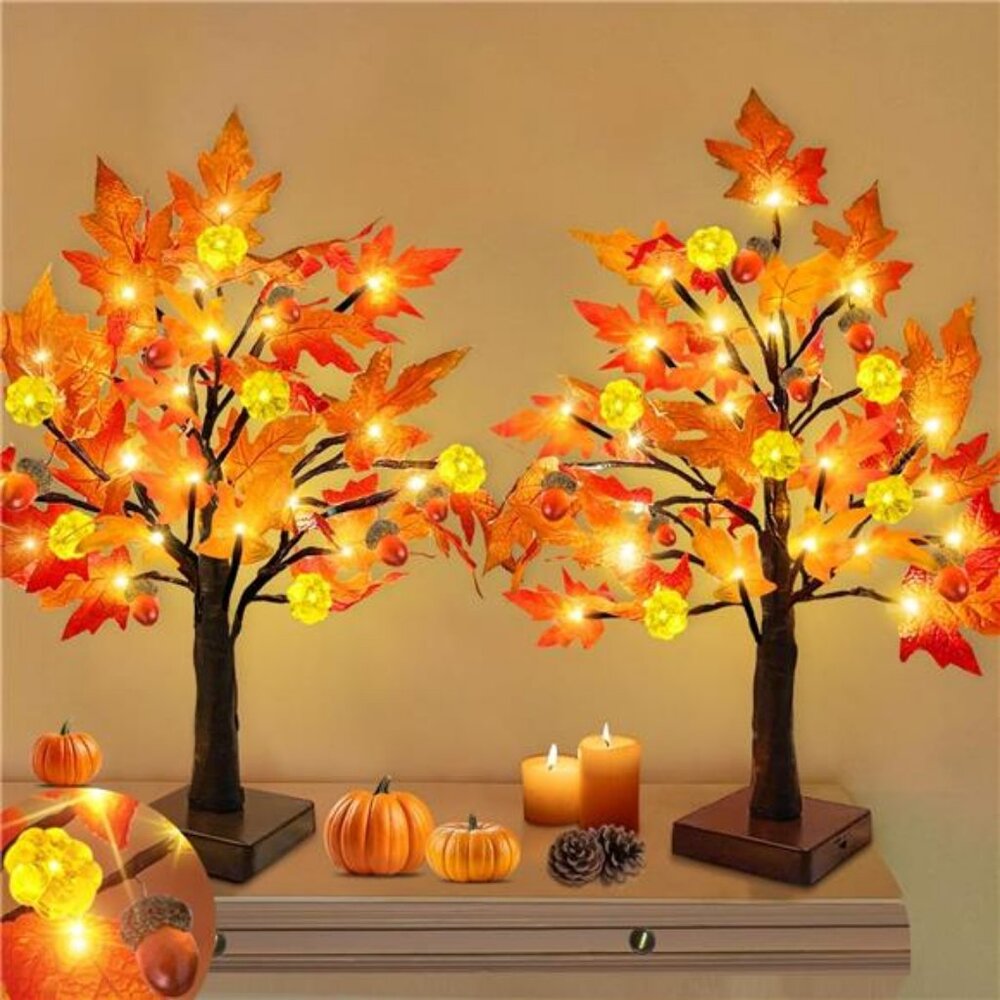 2 Pack 18 Inch Prelit Fall Maple Tree Thanksgiving Fall Decorations